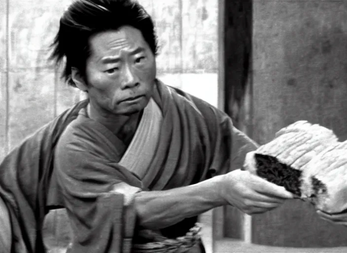 Image similar to a movie still of a samurai slicing through a loaf of bread, a movie by Akira Kurosawa