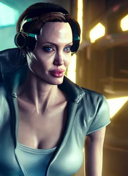 Image similar to film still of Angelina Jolie as Johnny Silverhand in Cyberpunk 2077, gameplay, 8k, HD