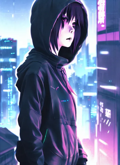 Image similar to cyberpunk anime girl in hoodie, grafity, neonpunk, alita, arcane, fortiche, action, tokyo street, detail, good face, pose model, concept art, in style of yoji shinkawa, pan ren wei, col price, atey ghailan, by greg rutkowski, aesthetic