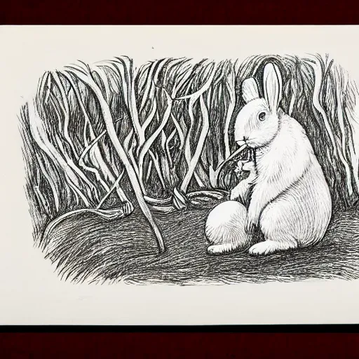 Image similar to drawing of a white bunny smoking a big cigarette in the deep tangled forest, by edward gorey, by gustav dore, black ink on white paper