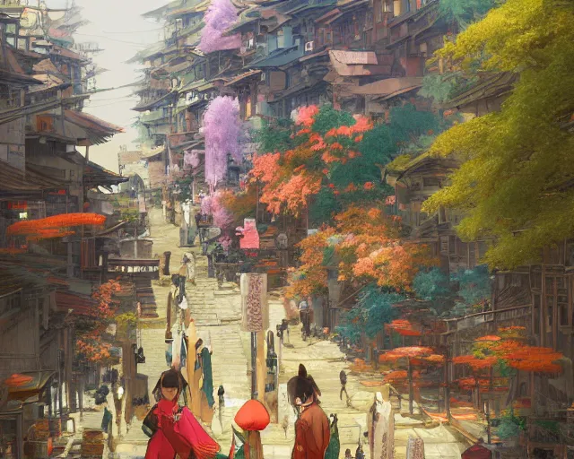Image similar to street-level view of a beautiful, colorful kitsune city, bamboo, flowers, anime, fox people, a fantasy digital painting by Greg Rutkowski and James Gurney, trending on Artstation, highly detailed