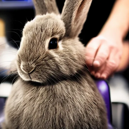 Image similar to sad rabbit sitting in a barbers chair