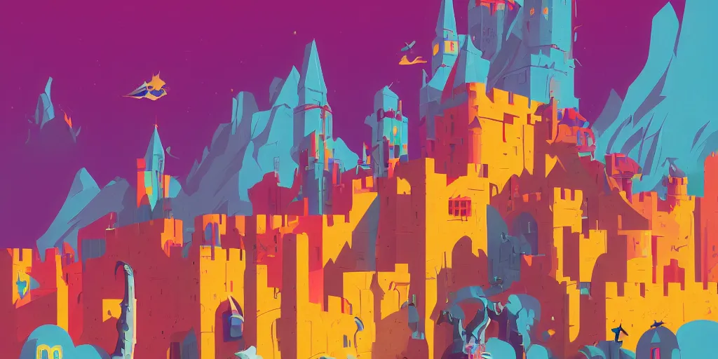 Prompt: cursed multicolored medieval castle, tom whalen, james gilleard, liam brazier, tristan eaton