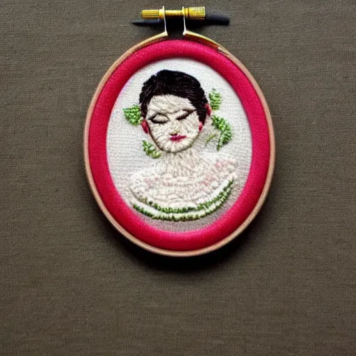 Image similar to a tiny beautiful handmade embroidery of a woman. hand embroidery.