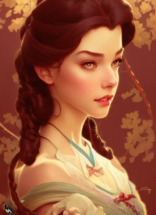 Image similar to portrait of disney belle, intricate, elegant, highly detailed, my rendition, digital painting, artstation, concept art, smooth, sharp focus, illustration, art by artgerm and greg rutkowski and alphonse mucha and uang guangjian and gil elvgren and sachin teng, symmetry!!