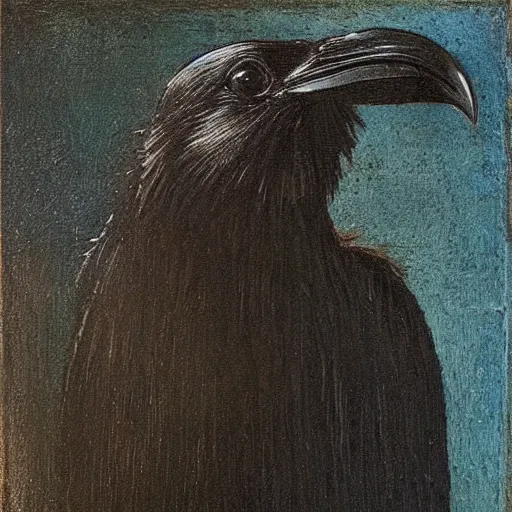 Image similar to high quality oil painting by leonardo da vinci, a black raven bird, subtly smiling