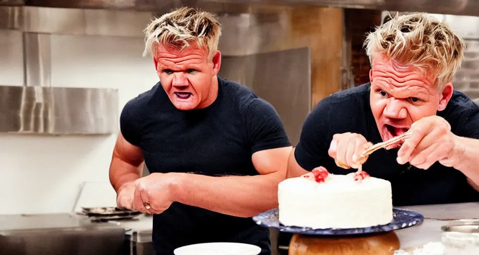 Image similar to photo of angry furious Gordon Ramsay smashing a cake in Gordon Ramsay's face at the kitchen