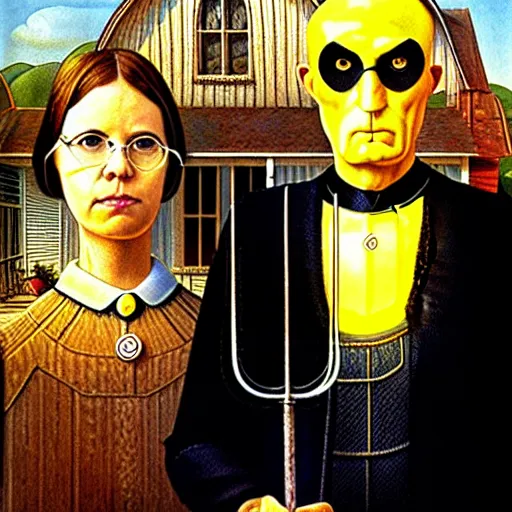 Prompt: watchmen's nite - owl and silk spectre standing behind the owlship in the style of american gothic by grant wood, nite - owl, silk spectre, owlship, oil painting