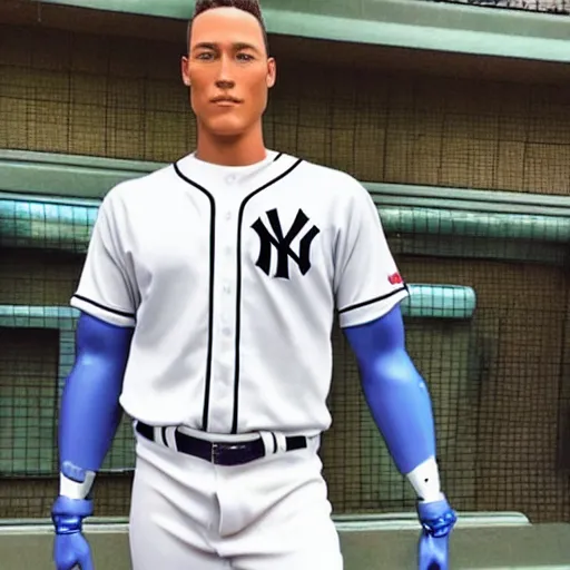 Image similar to “a realistic detailed photo of a guy who is an attractive humanoid who is half robot and half humanoid, who is a male android, baseball player Aaron Judge, shiny skin, posing like a statue, blank stare”