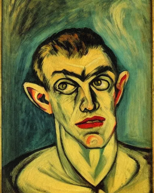 Prompt: Max Beckmann. El Greco. Van Gogh. Oil on canvas. Portrait of a demon.