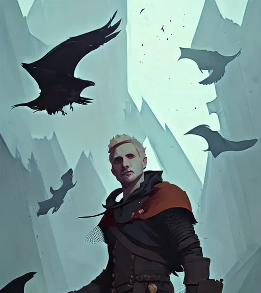 Image similar to portrait of cullen from dragon age surrounded by crows by atey ghailan, by greg rutkowski, by greg tocchini, by james gilleard, by joe fenton, by kaethe butcher, dynamic lighting, gradient light blue, brown, blonde cream and white color scheme, grunge aesthetic