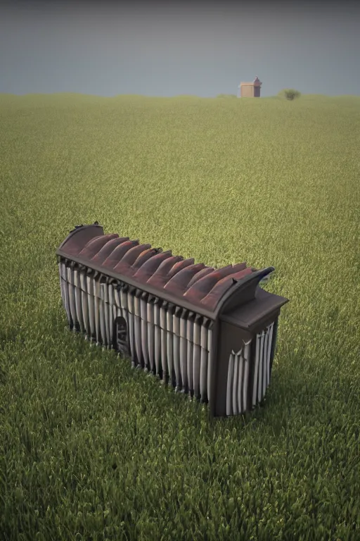 Image similar to a detailed render of an isolated lonely large pipe organ in the middle of a field, intertwined with a lone stone column, trending on artstation, render, 3 d, octane, 4 k, 8 k, unreal engine, cinema 4 d, baroque, art deco