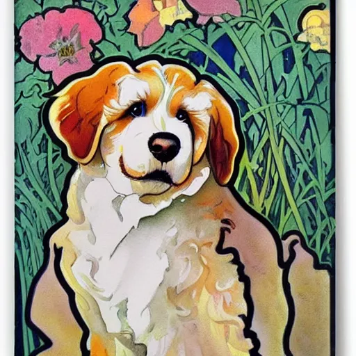 Image similar to cute, pop art style blonde bernedoodle, watercolor painting, by alphonse mucha and william morris