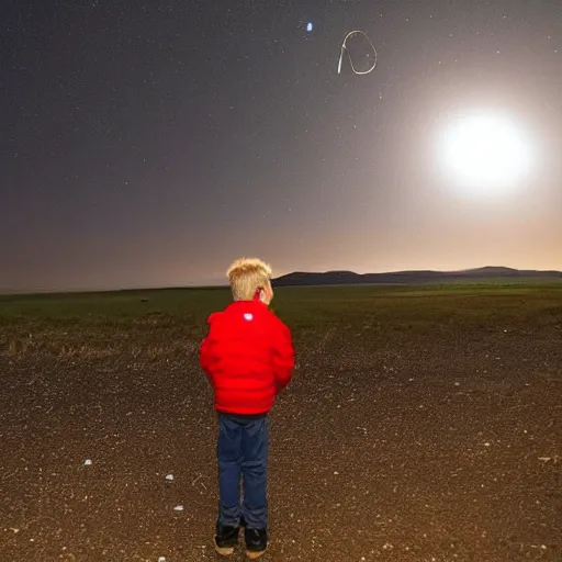 Image similar to a boy look to sky saw a huge meteor approach to earth