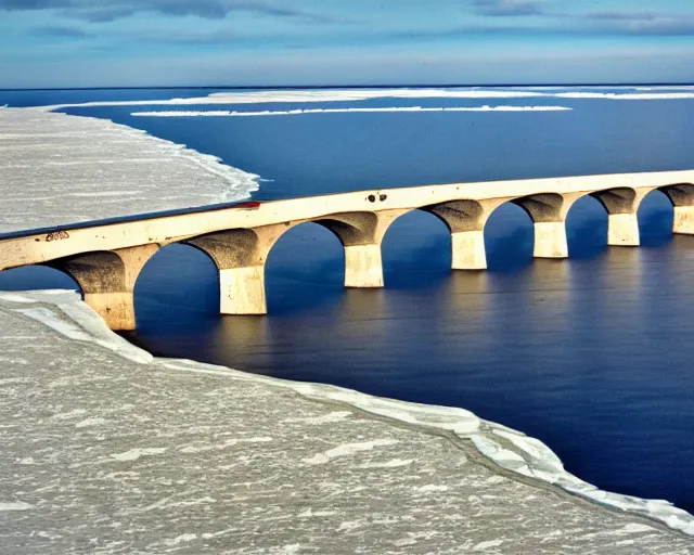 Image similar to the biggest iron concrete bridge ever built. Spanning the arctic sea, connecting two distant lands