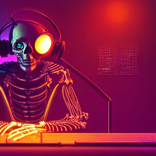 Image similar to cyberpunk skeleton with headphones playing synthesizer, honeycomb structure, smokey lights, lasers, highly detailed, realistic, dusty, technology and magic,