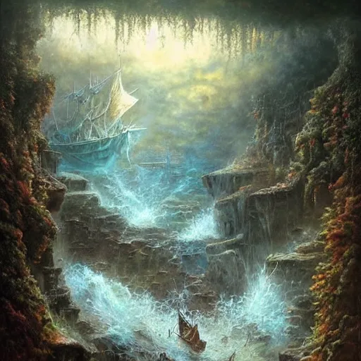 Image similar to a pirateship wreck in a crystal gorge, river running thru the middle, by tomasz alen kopera and Justin Gerard