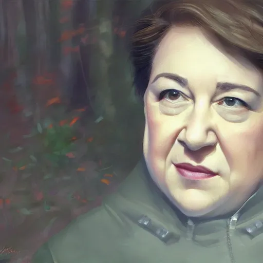 Prompt: close - up shot of supreme court justice elena kagan going for a walk in the woods, digital art by ruan jia and mandy jurgens and artgerm, realistic face, highly detailed, trending on artstation, award winning