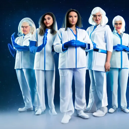 Image similar to line of six women of varying heights and body shapes, white hair, tight light blue neopren space uniforms, futuristic chemistry lab, sci - fi, highly detailed, cinematic