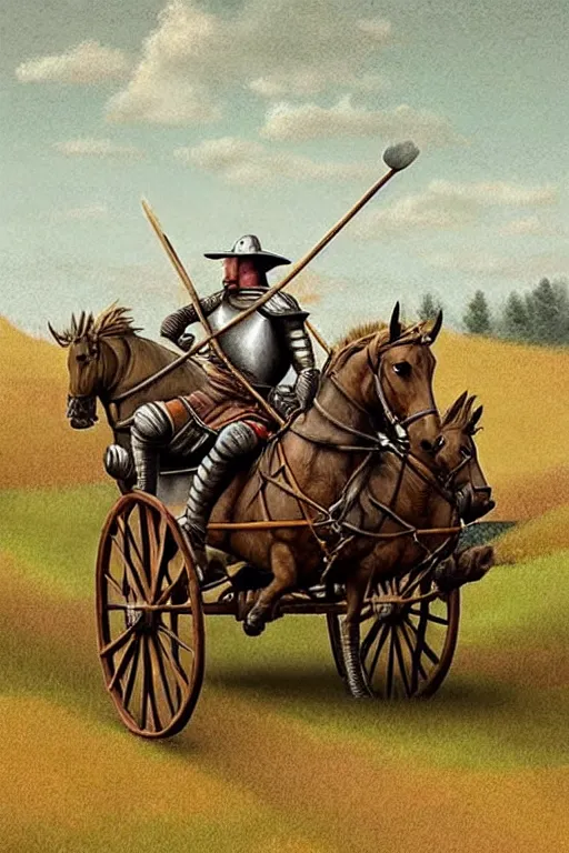 Image similar to a ( ( ( ( ( ( ( ( knight ) ) ) ) ) ) ) ) riding a wagon!!!!!!!!!!!!!! by chris mcgrath and greg rutowski, muted colors, detailed