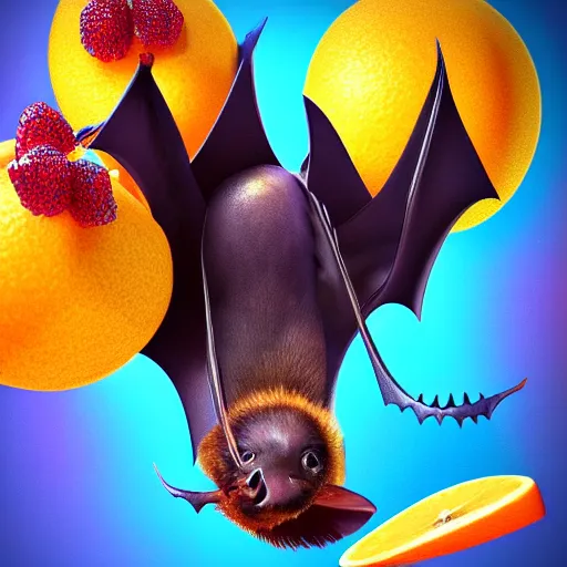 Prompt: Photorealistic magical fruit bat with fruit. Hyperdetailed photorealism, 108 megapixels, amazing depth, glowing rich colors, powerful imagery, psychedelic Overtones, 3D finalrender, 3d shading, cinematic lighting, artstation concept art