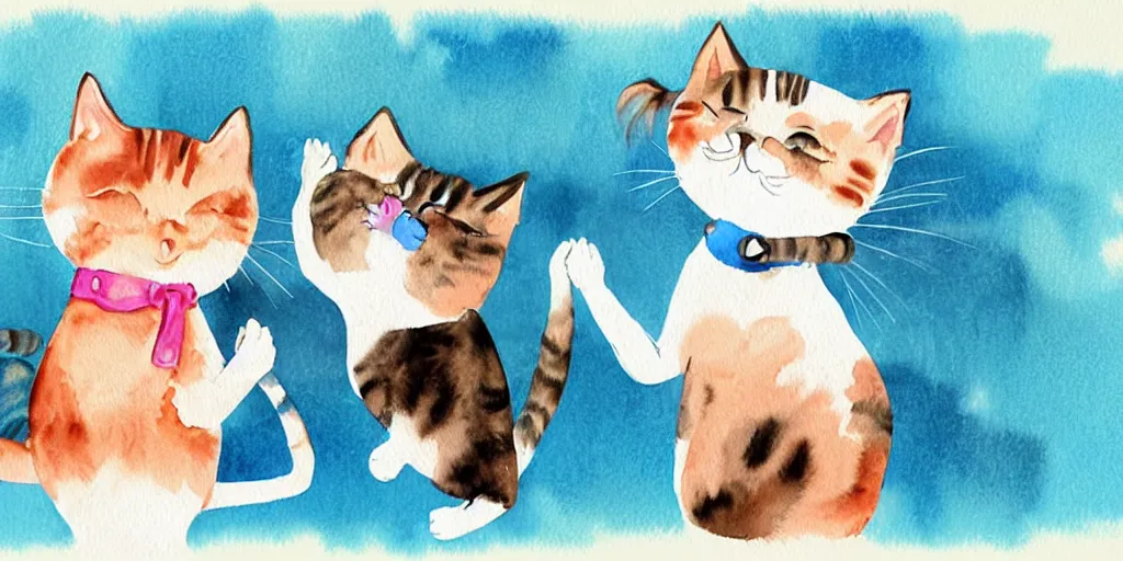 Image similar to watercolor illustration style, cute! cats! training in the fitness studio!