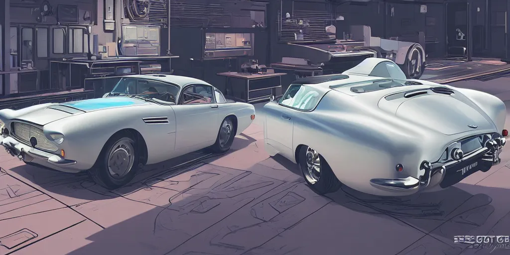 Image similar to art style by Ben Aronson and Edward Hopper and Syd Mead, wide shot view of the Cyberpunk 2077, on ground level. full view of the Aston Martin DB4 1958 with wide body kit modification and white pearl holographic paint.