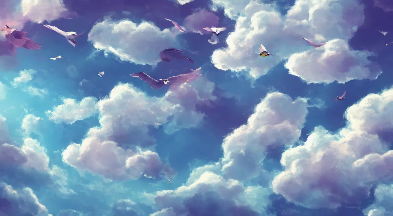 Prompt: cartoony pastel clouds with a bird flying in the sky wallpaper, trending on artstation