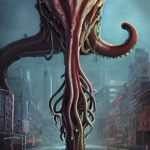 Prompt: a monster made only of veins a brain, walking on tentacles, in the middle of a city, artstation, concept art, detailed, octane, cryptic