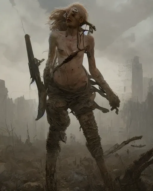 Prompt: hyper realistic photo of postapocalyptic albino nomad girl, full body, cinematic, artstation, cgsociety, greg rutkowski, james gurney, mignola, craig mullins, brom, mucha, ghibli