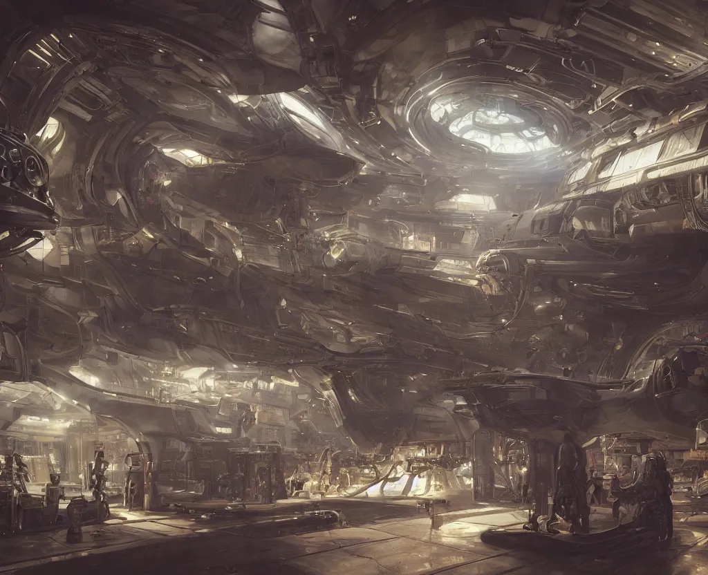 Prompt: the inside of a futuristic mechanic spaceshop, spaceship being repaired, highly detailed interior, holographic screen in center frame by peter mohrbacher and craig mullins, dieselpunk, cyberpunk, firefly, star citizen, unreal engine, extreme detail, hyper realism, realistic shading, cinematic composition, realistic render, octane render, detailed textures, photorealistic