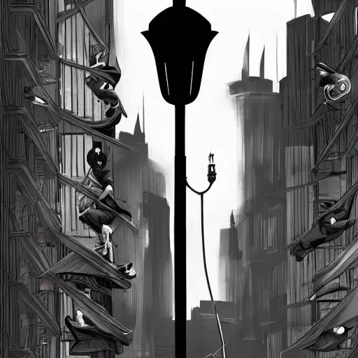 Prompt: batgirl perched on a streetlight watching people pass by, dark deco, martin ansin,
