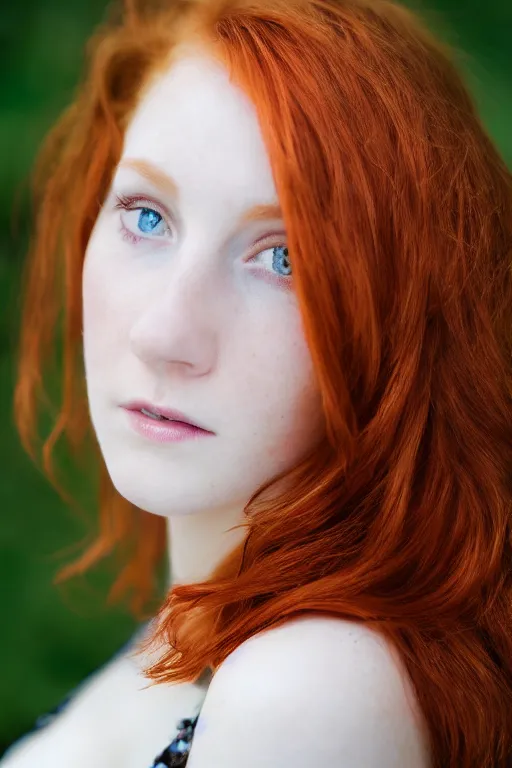 Image similar to a portrait of a redhead beautiful girl, green eyes, highly detailed, 3 5 mm f 1. 4 background silver fir