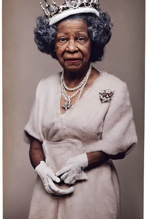 Image similar to a colour photograph of an elderly black lady with grey curly hair, wearing a crown and clothing of Queen Elizabeth the second, 50mm lens, portrait photography, taken by Robert Capa, studio lighting