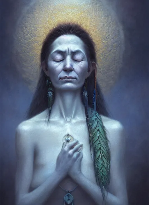 Prompt: a beautiful portrait of a shaman with eyes closed feeling her heart, designed by dr seuss and michal karcz, by christophe vacher