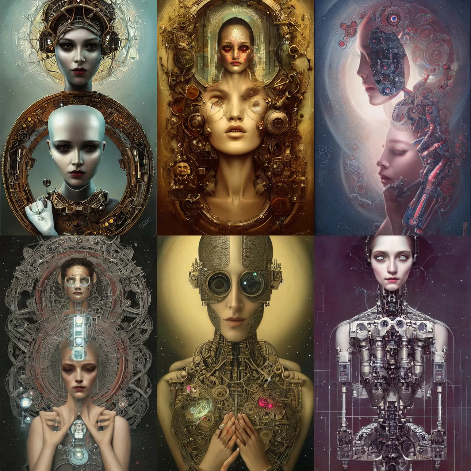 Prompt: robot becoming conscious, looking in a mirror, highly detailed, highly intricate, art by tom bagshaw