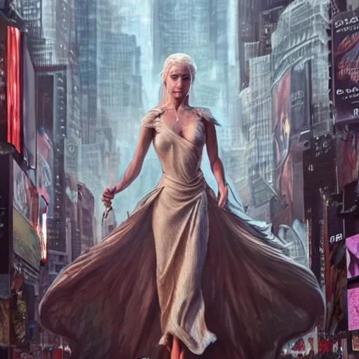 Prompt: full figure ultra realistic illustration, daenerys targaryen in times square, intricate, elegant, highly detailed, digital painting, artstation, concept art, smooth, sharp focus, illustration, art by artgerm and greg rutkowski and alphonse mucha