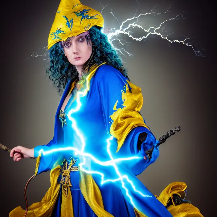 Image similar to photograph of a real - life beautiful elemental lightning witch with ornate yellow and blue robes and staff. extremely detailed. 8 k