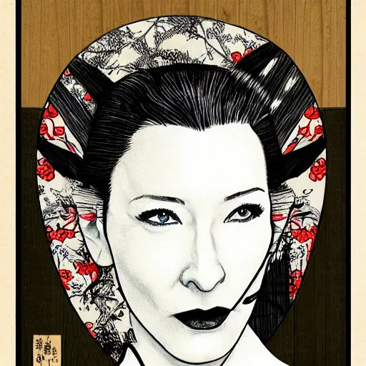 Prompt: cate blanchett in the style of japanese wood print