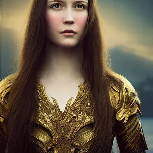 Prompt: pure and kind aristocratic long straight brunette female wearing an armour portrait, innocent, pure, naive, atmospheric lighting, painted, intricate, volumetric lighting, beautiful, rich deep colours masterpiece, golden hour, sharp focus, ultra detailed, by leesha hannigan, ross tran, thierry doizon, kai carpenter, ignacio fernandez rios