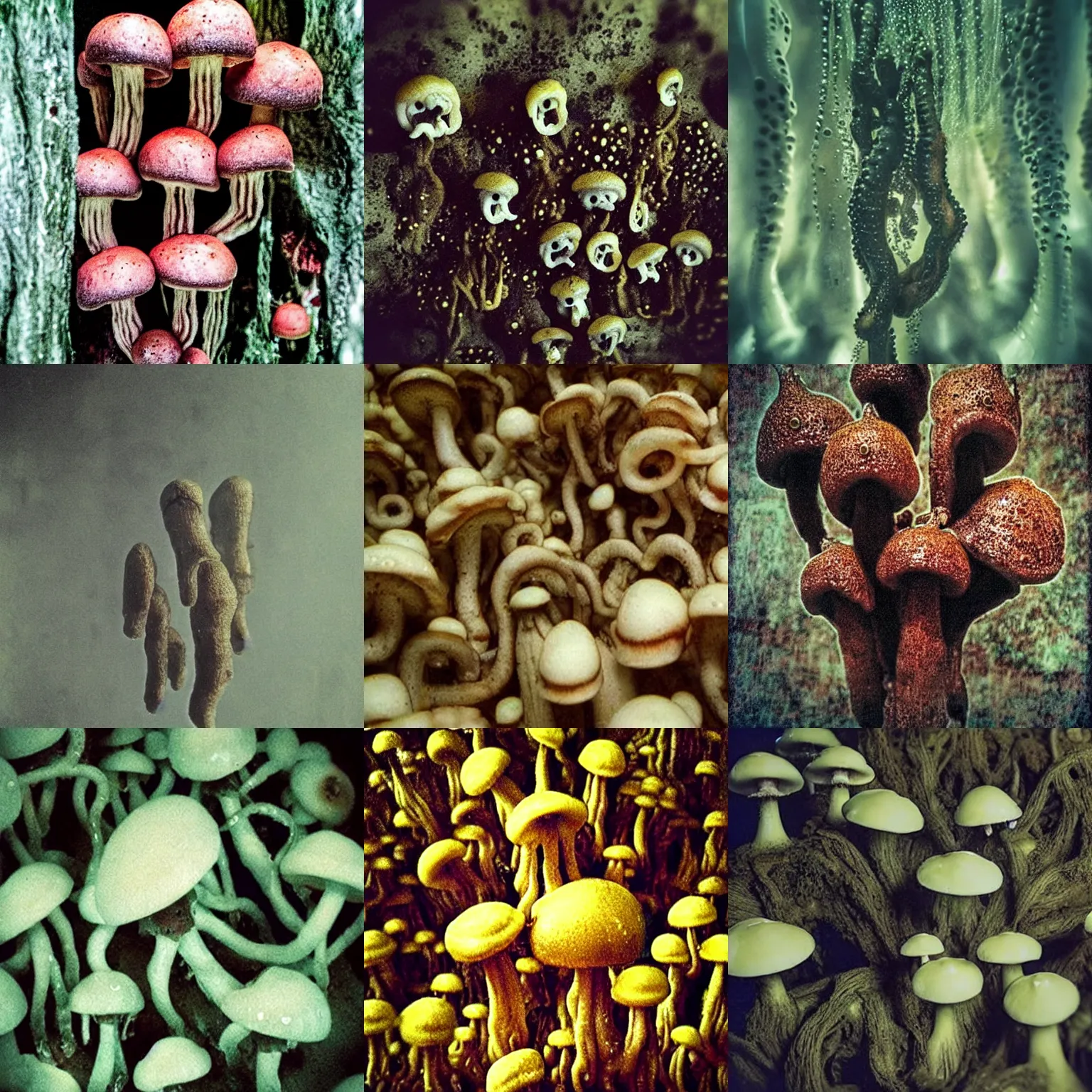Prompt: lovecraftian mushrooms dripping poison, terrifying cursed image, unsettling creepy horror macro photo, bad quality, grainy, trypophobia