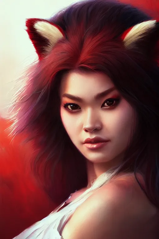 Prompt: a detailed portrait of a beautiful woman with ( red panda ) features, in professional makeup, dramatic lighting, by artgerm, ross tran, greg rutkowski, 4 k, trending on artstation