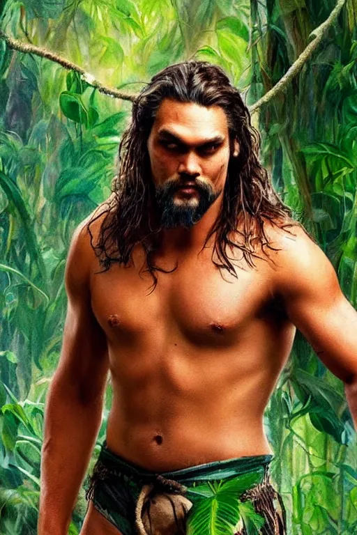 Prompt: Jereme Momoa as Tarzan, lord of the jungle, professional painting, color.