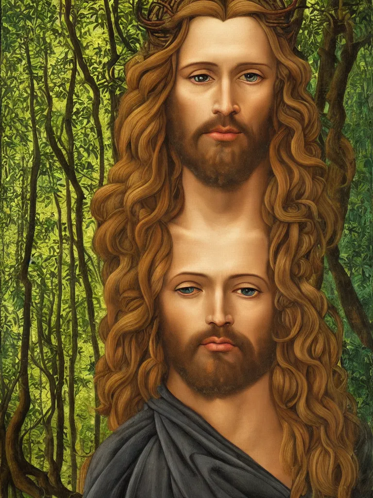 Prompt: Portrait of Jesus Christ as an elven king in a lush forest. Oil painting in the style of Botticelli. Fantasy art. 4k.