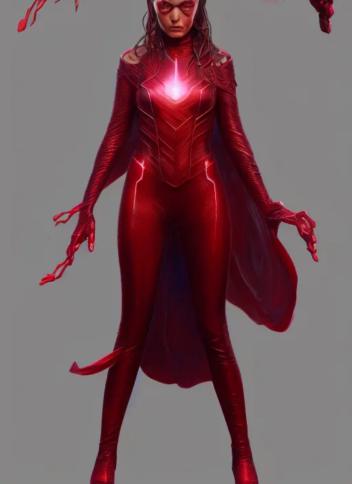 Image similar to Scarlet Witch, portrait, full body, hyper detailed, digital art, trending in artstation, cinematic lighting, studio quality, smooth render, unreal engine 5 rendered, octane rendered, art style by klimt and nixeu and ian sprigger and wlop and krenz cushart