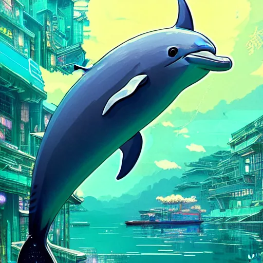 Image similar to a beautiful hyperdetailed character design 4 k wallpaper illustration of a cute dolphin, victo ngai cyberpunk style, from china, style of studio ghibli, makoto shinkai, raphael lacoste, louis comfort tiffany, artgerm, james jean, ross tran, chinese style