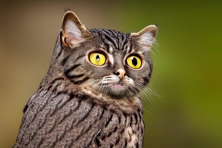 Image similar to a cat owl!!! hybrid! hyper realistic!! realistic lighting!! wildlife photographer of the year!!! bold natural colors, national geographic, hd, wide angle, 8 k