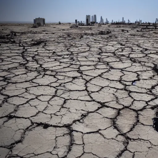 Image similar to apocalyptic beachside city, dried up oceans, desert everywhere, buildings covered in black tar