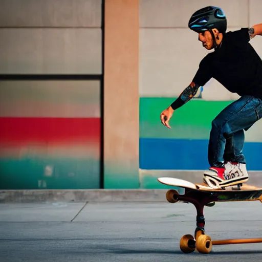 Image similar to professional photo of a skateboarder performing a grab trick, focused on brightly colored deck, 8 k, bright ambient lighting key light, 8 5 mm f 1. 8