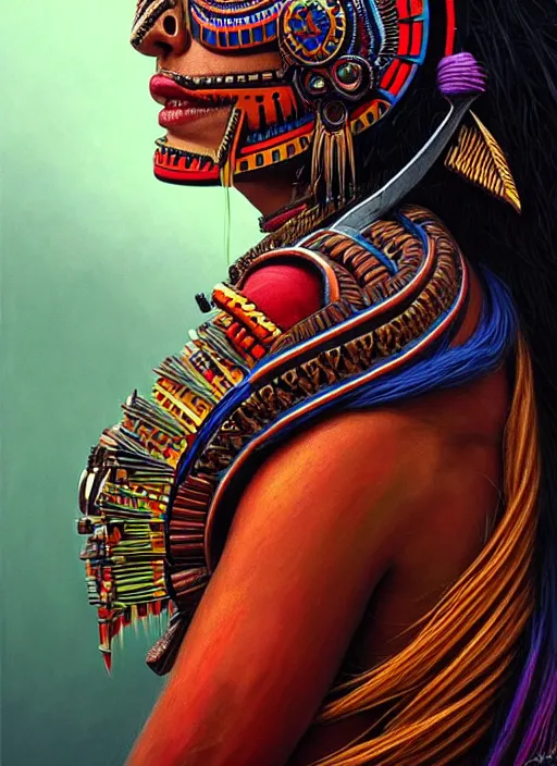 Image similar to portrait of eva mendes, hyper detailed ultra sharp aztec shaman warrior. trending on artstation, warpaint aesthetic, bloodwave, colorful, psychedelic, ornate, intricate, digital painting, concept art, smooth, sharp focus, illustration, art by artgerm and greg rutkowski and h. r. giger, 8 k